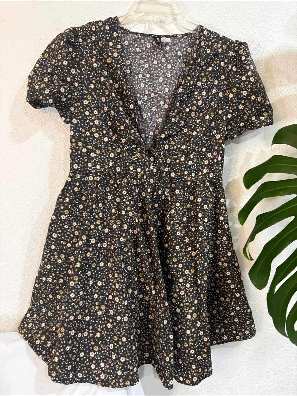 Divided Black Floral Tie-Front Mini Dress